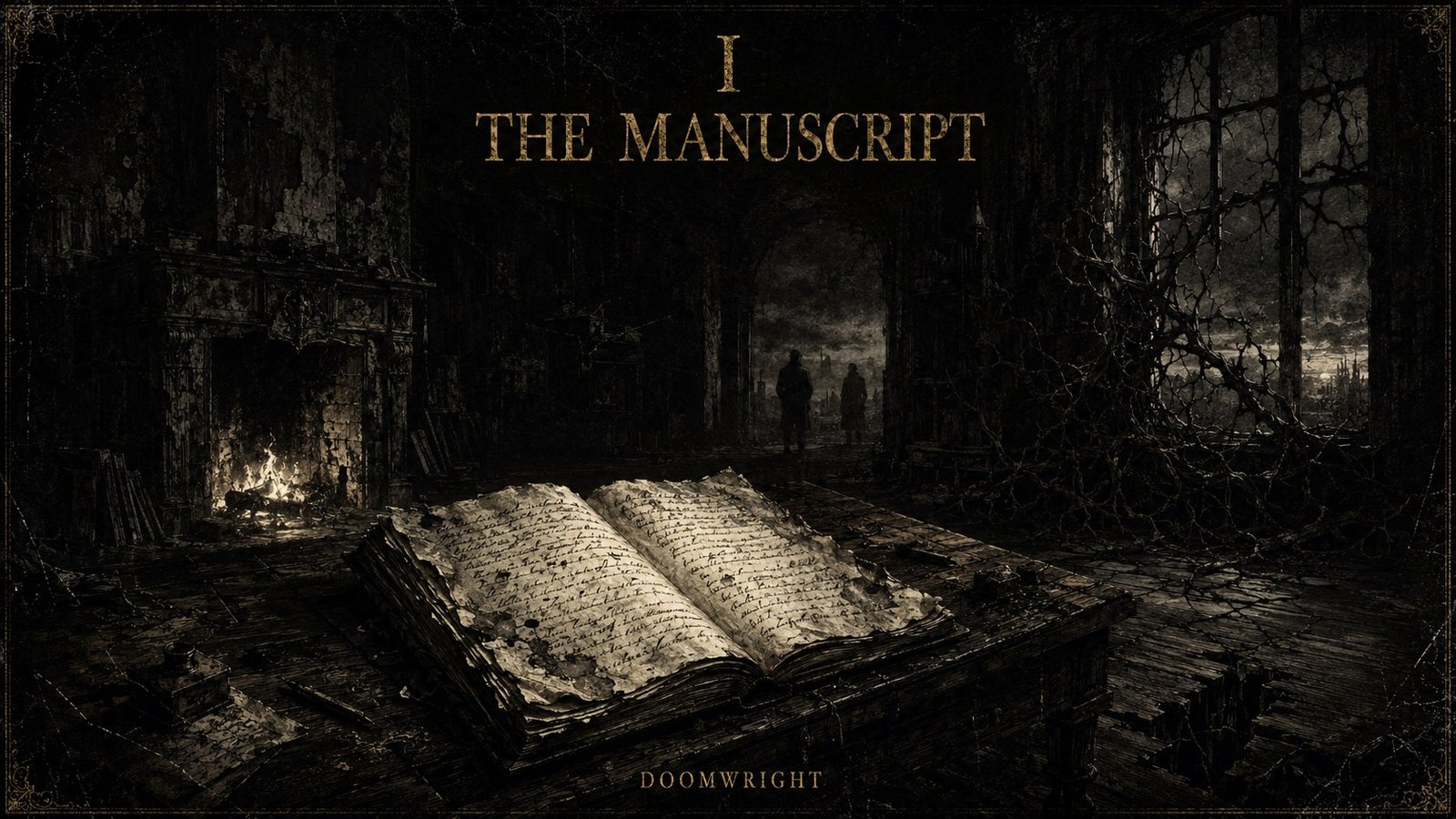 Title card — A ruined room with a fireplace and an old manuscript open on a table, two figures in a doorway, captioned 'I · The Manuscript'
