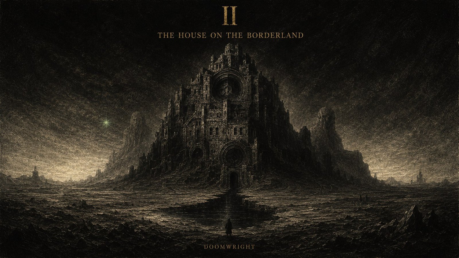 Title card — A vast alien cathedral-like house rising from a barren plain under a dark sky, captioned 'II · The House on the Borderland'