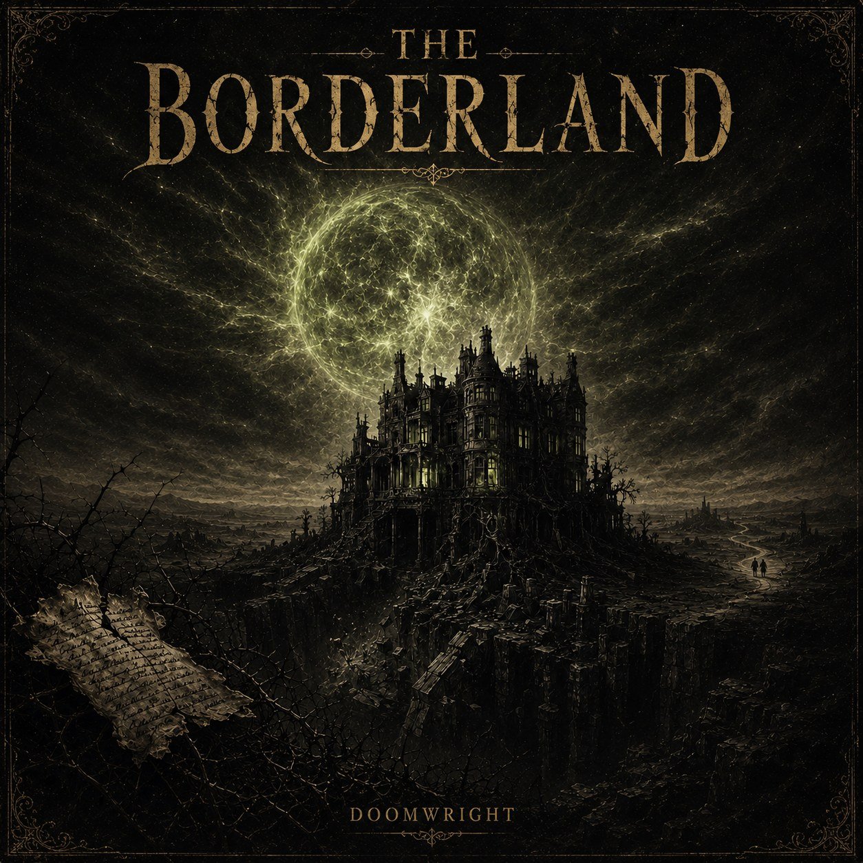 THE BORDERLAND — album cover, a dark mansion on a crag beneath a vast luminous green sphere, a fallen manuscript in the foreground