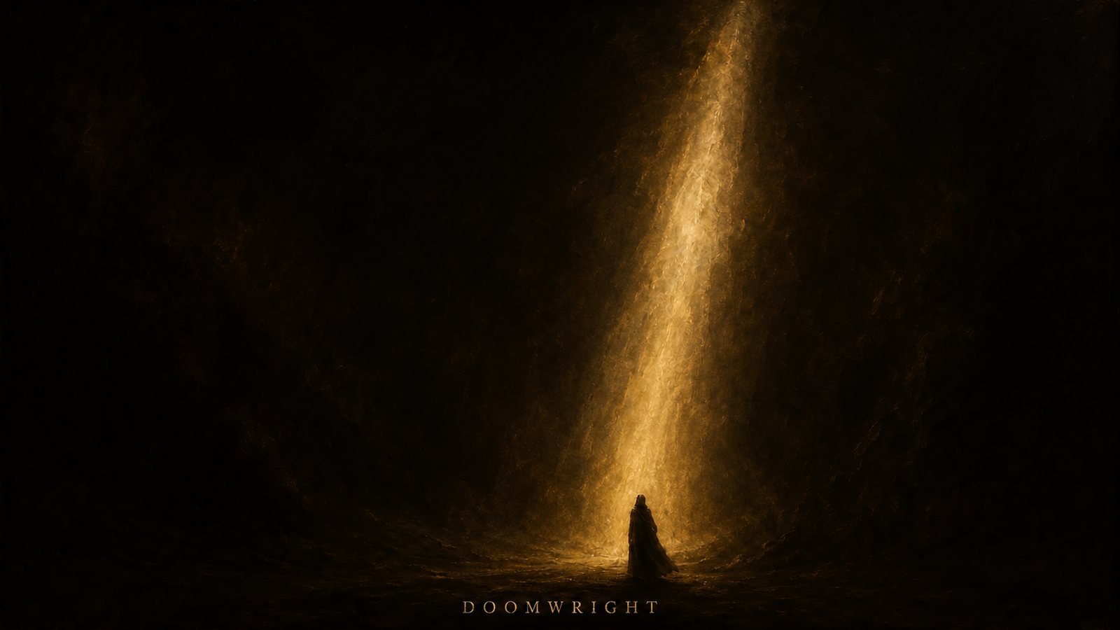 A lone cloaked figure standing in a vast shaft of golden light in the dark