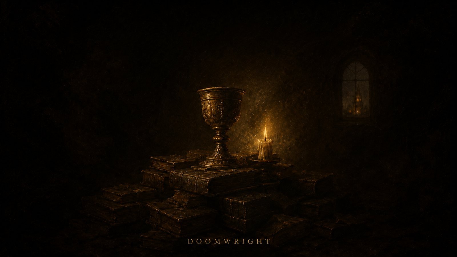 An ornate goblet on a pile of ancient books beside a candle, a town seen through a distant window