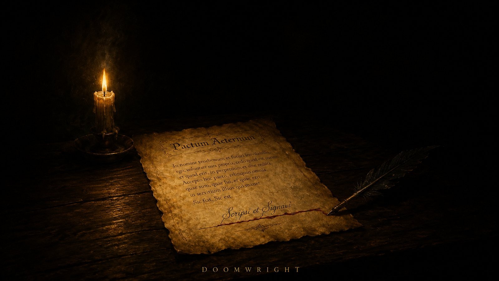 A blood-signed parchment pact beside a candle and a quill on a dark table