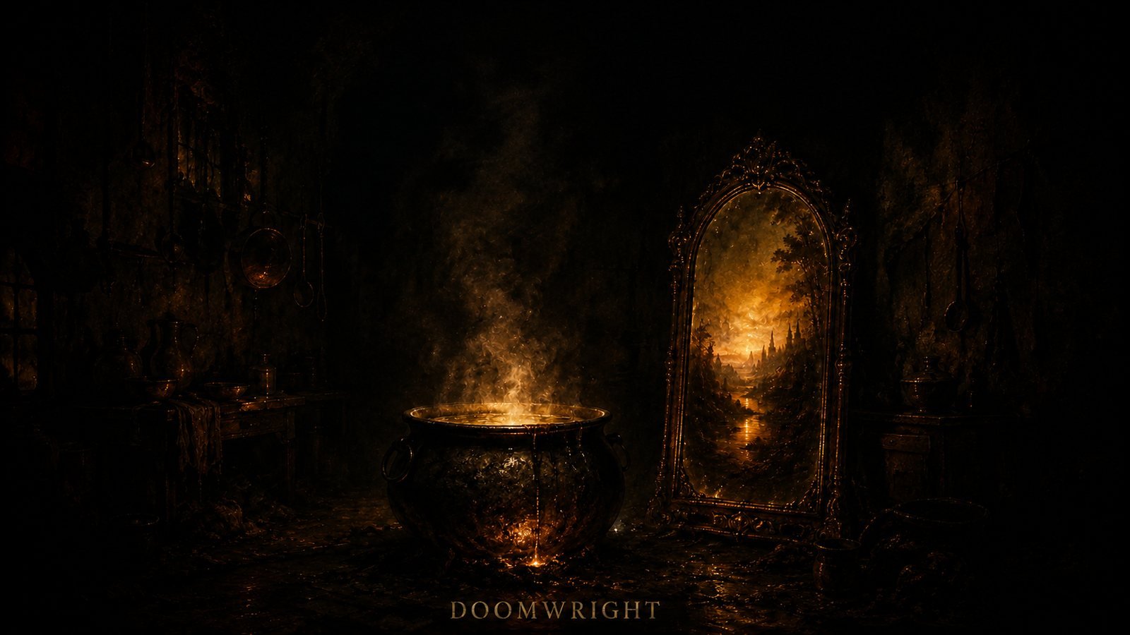 A steaming cauldron in a dark kitchen beside an ornate mirror showing a glowing landscape