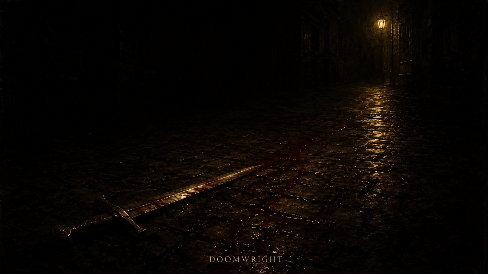 A bloodied sword lying on wet cobblestones beneath a lone street lamp at night
