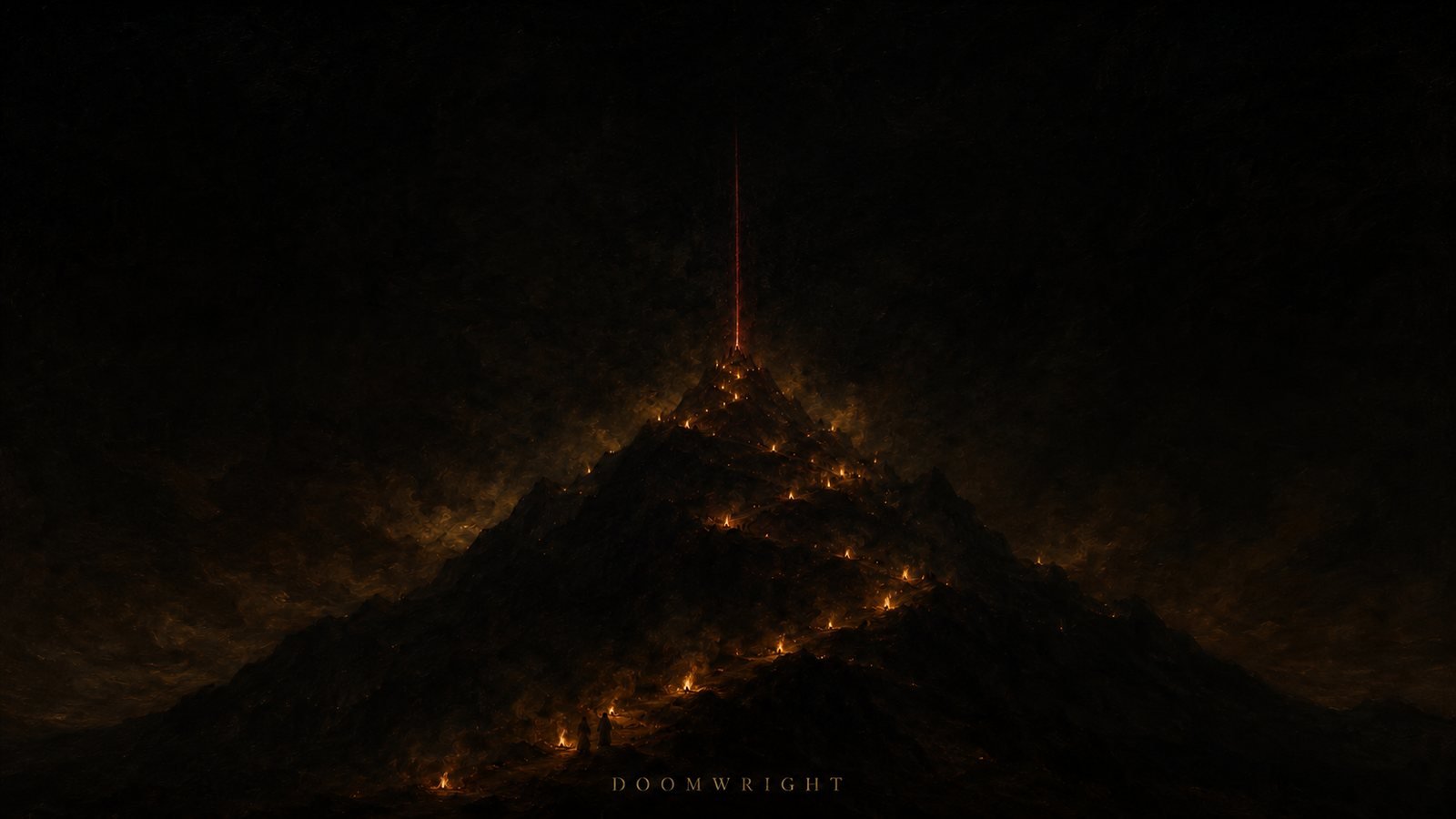 A mountain covered in scattered fires with a red beam at its peak, tiny figures below