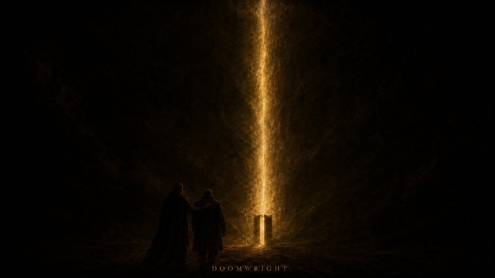Two cloaked figures standing before a doorway crowned by a towering pillar of light