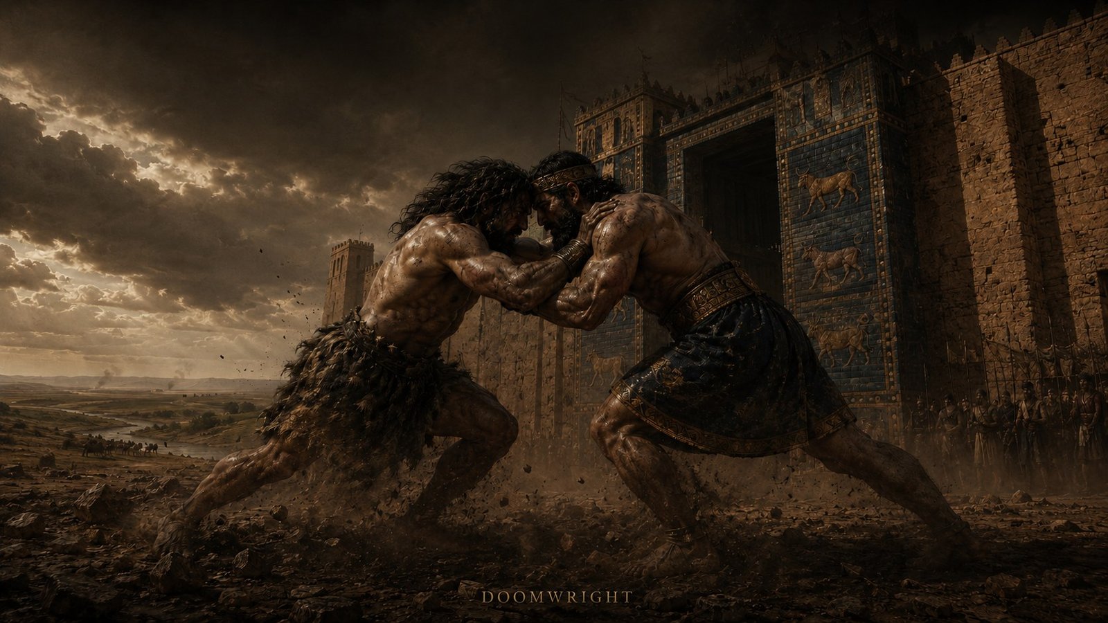 Two powerful men locked forehead to forehead, wrestling in the dust before the tiled gate of Uruk, a river plain beyond