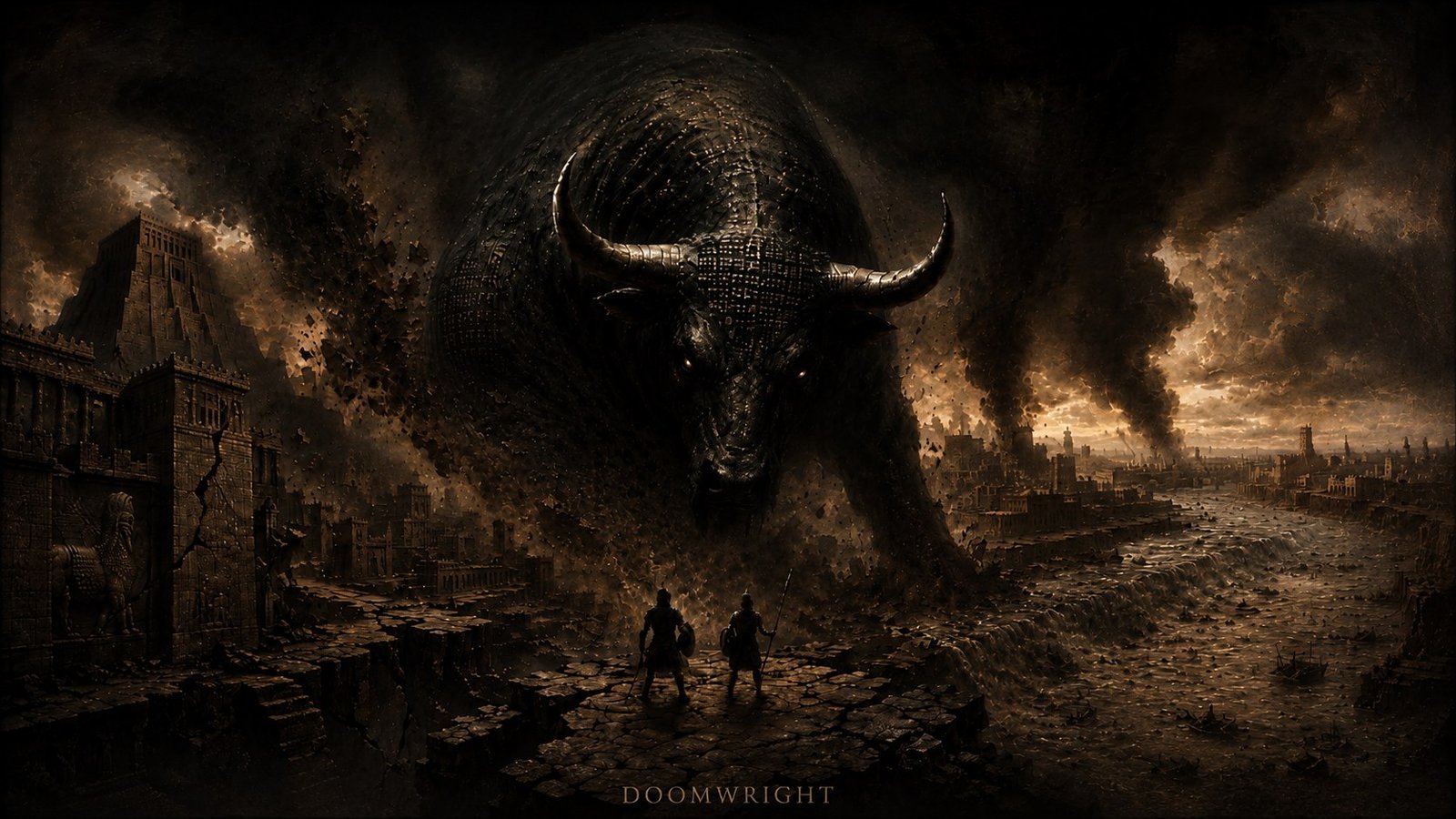 A colossal bull erupting from a collapsing ancient city, two small warriors standing before it