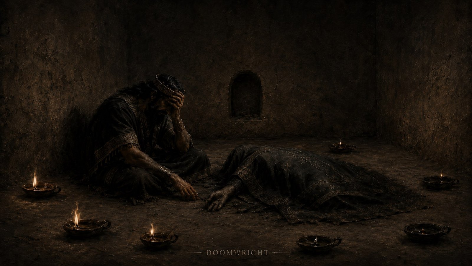 A crowned king sitting head in hand beside a shrouded body on the floor of a mud-brick room, ringed by oil lamps