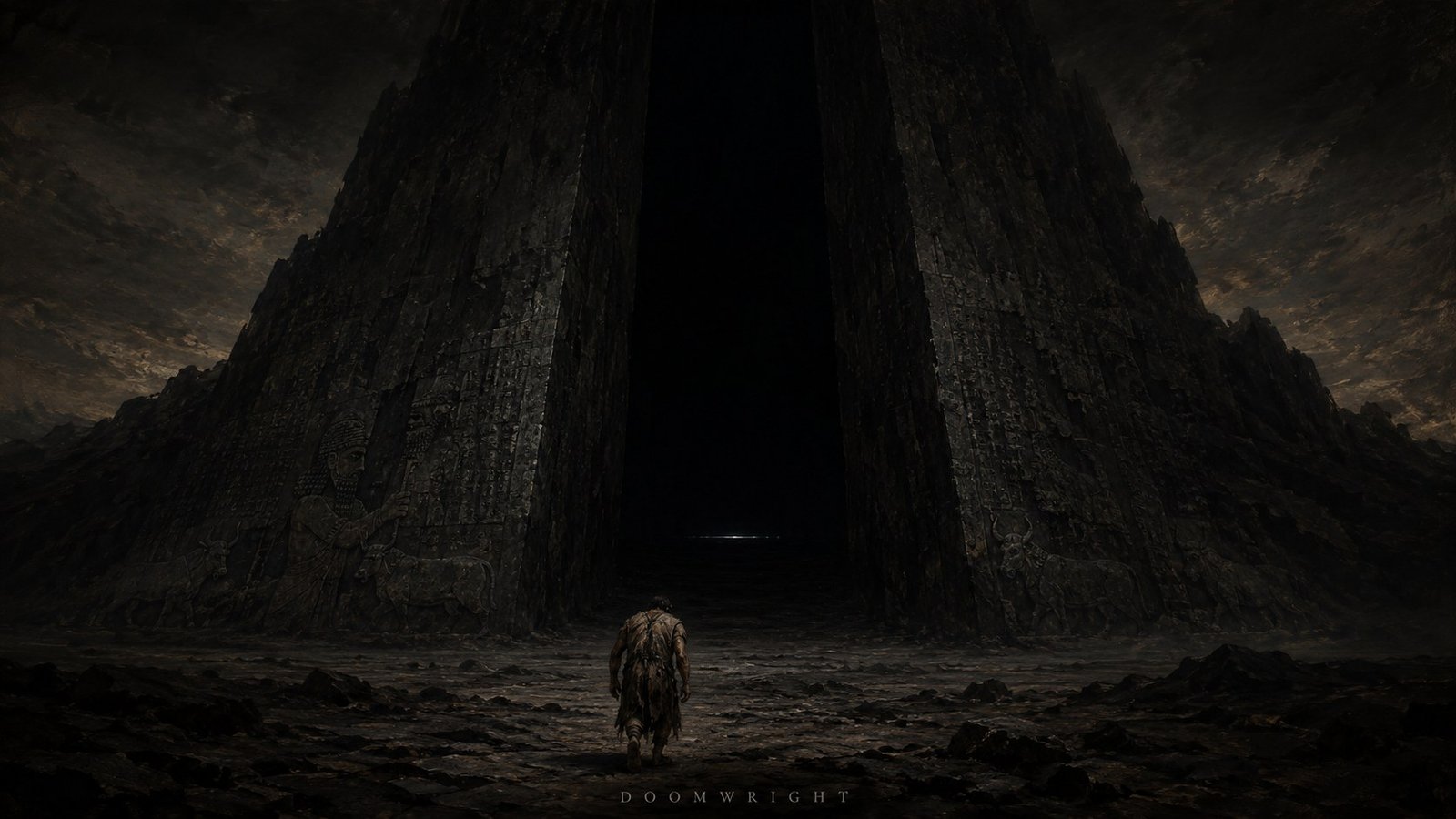 A lone ragged figure walking toward a vast dark cleft between two immense cuneiform-carved cliffs