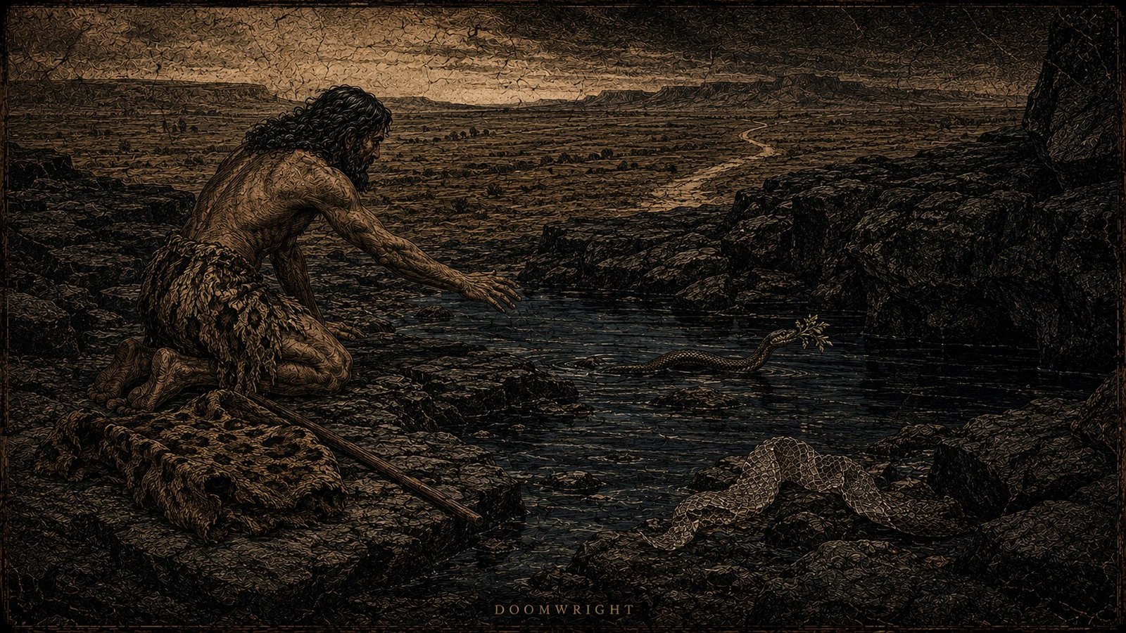 A kneeling man in skins reaching over dark water as a serpent swims away with a sprig of the plant, a shed skin on the rocks