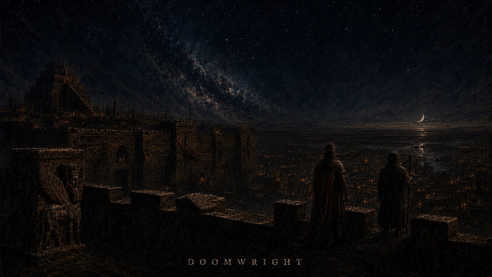 A crowned king and a staff-bearing companion on the rampart of Uruk at night, a clay tablet beside them, the lit city and a crescent moon below