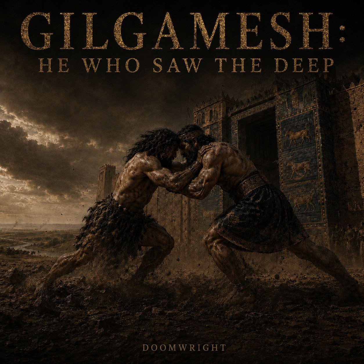 GILGAMESH: HE WHO SAW THE DEEP — album cover, two powerful men wrestling forehead to forehead in the dust before the tiled gate of Uruk