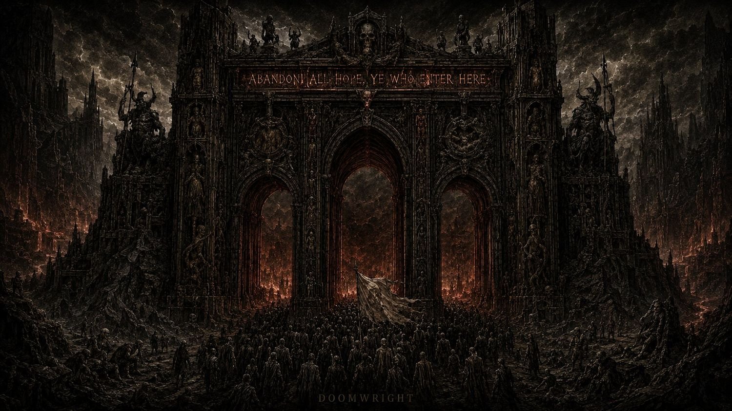 Illumination — the three-arched gate of Hell blazing above a crowd of the damned, captioned ‘II · Abandon All Hope’