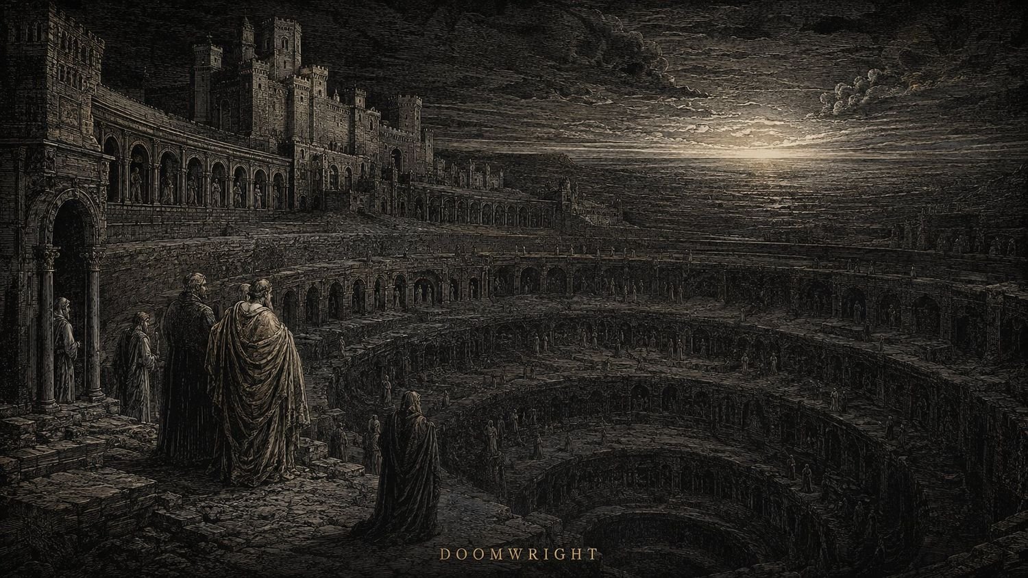 Illumination — the pale castle of Limbo, robed poets on a ledge above the moonlit tiers, captioned ‘III · Without Hope Of Death’
