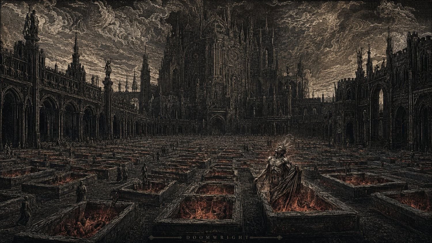 Illumination — a black whirlwind of the lustful, two lovers reaching across the storm, captioned ‘IV · The Infernal Storm’