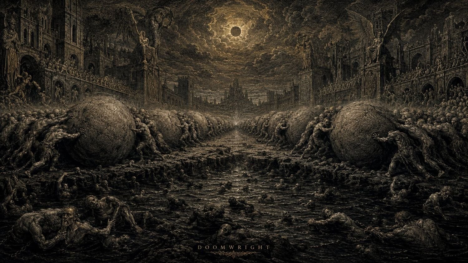 Illumination — the city of Dis, a field of open flaming tombs before a black cathedral, captioned ‘VII · The Burning Tombs’