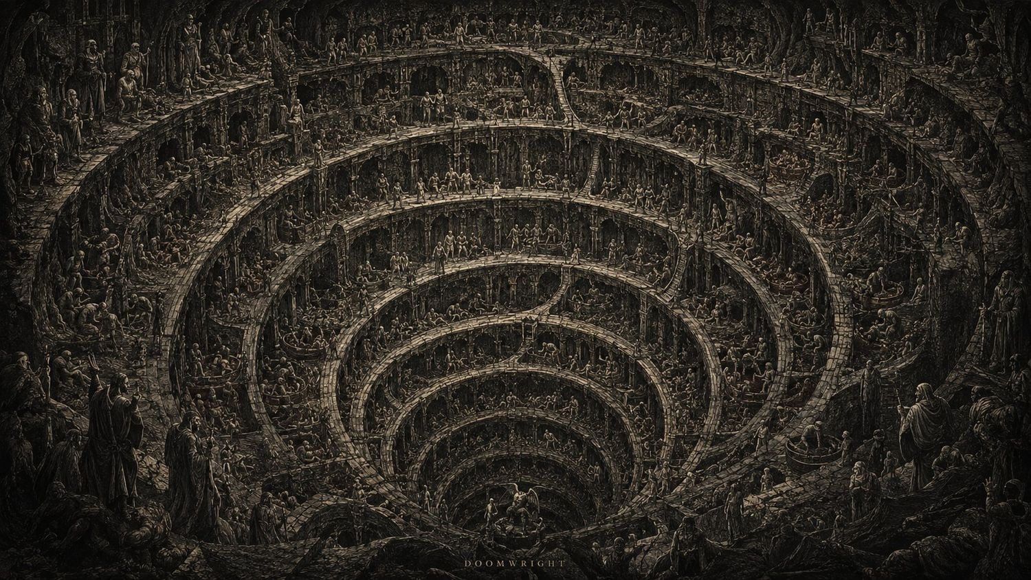 Illumination — the vast concentric funnel of Hell narrowing to a frozen centre, captioned ‘X · The Frozen Lake’