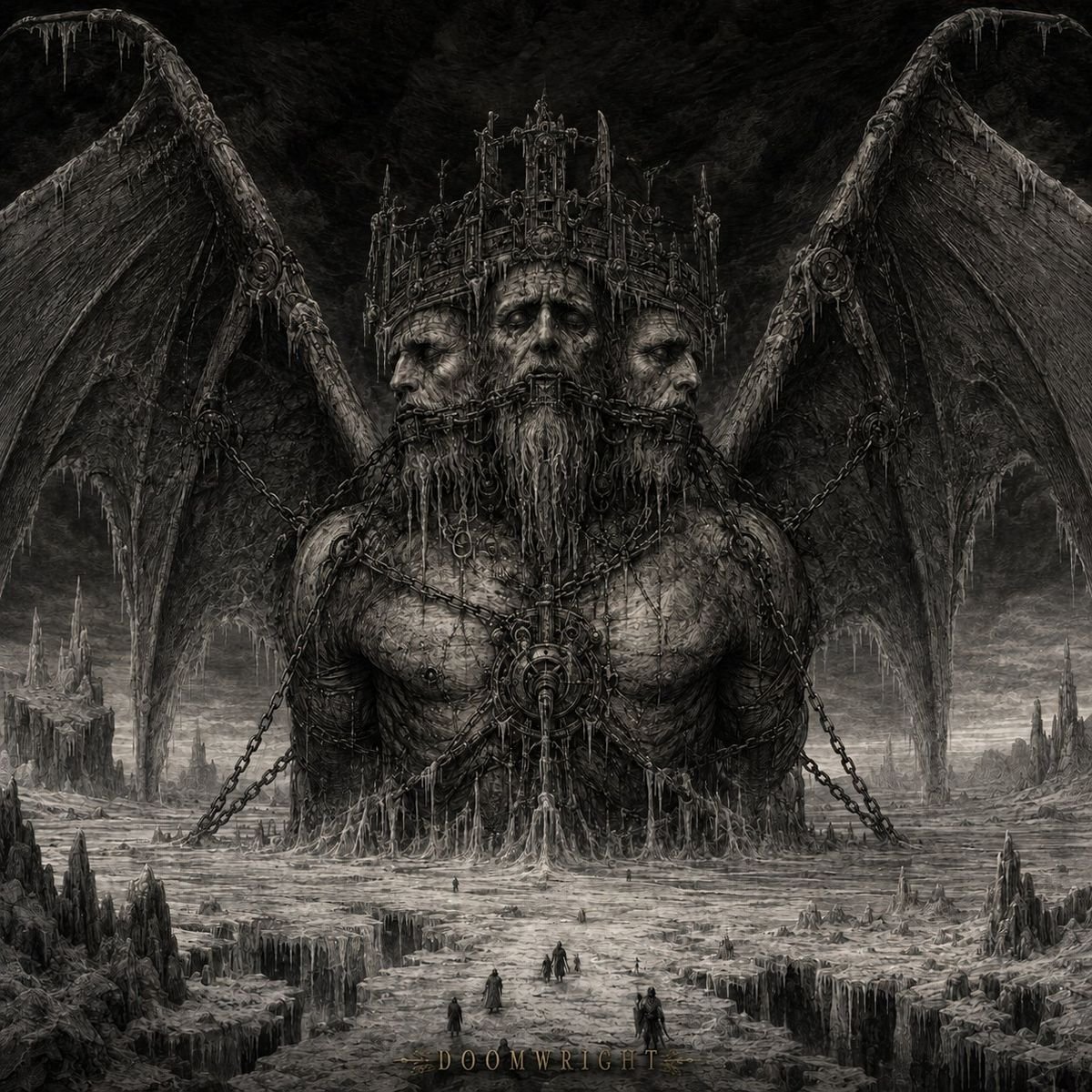 Illumination — the three-faced emperor of Hell chained in ice, vast wings spread over the frozen plain, captioned ‘XI · The Emperor Of The Kingdom Of Sorrow’