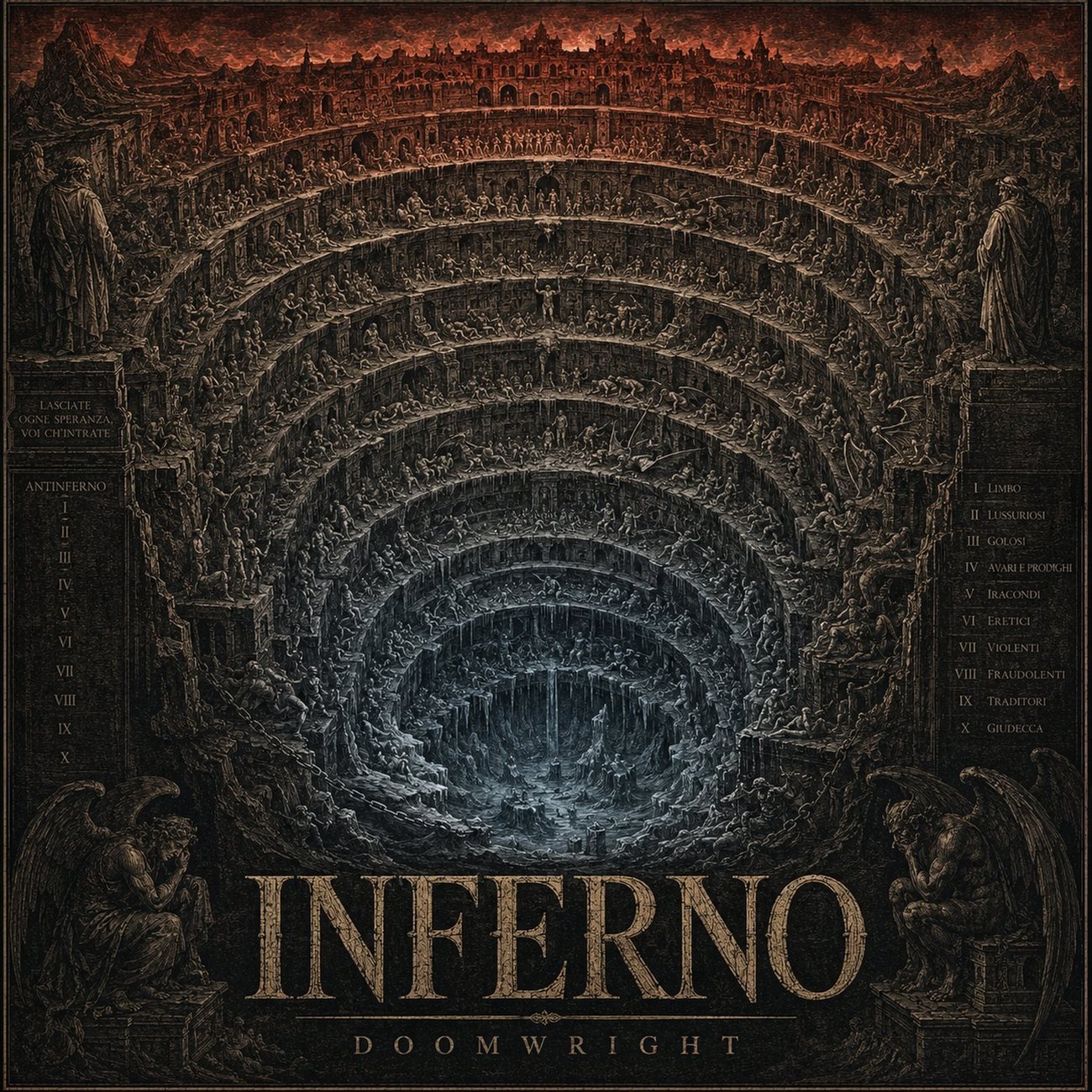 INFERNO — album cover, the funnel of Hell descending through concentric circles to a frozen centre