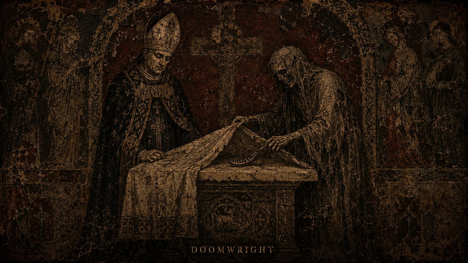 A bishop at an altar-tomb as Death lifts the vestment cloth to reveal bone beneath
