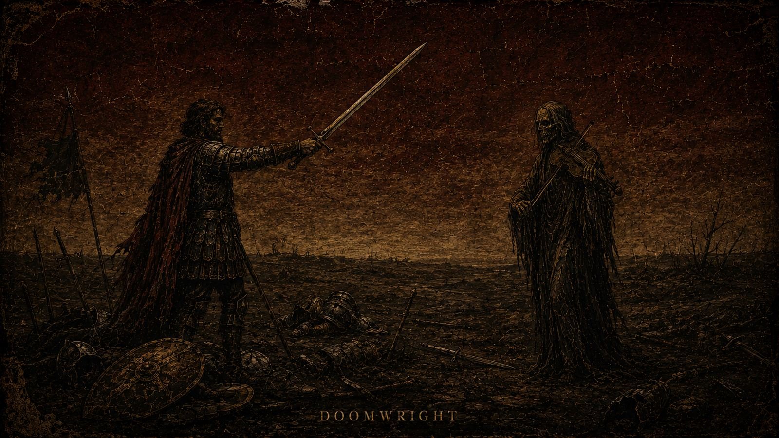 A soldier pointing his sword at Death, who holds a violin, across a battlefield of the fallen