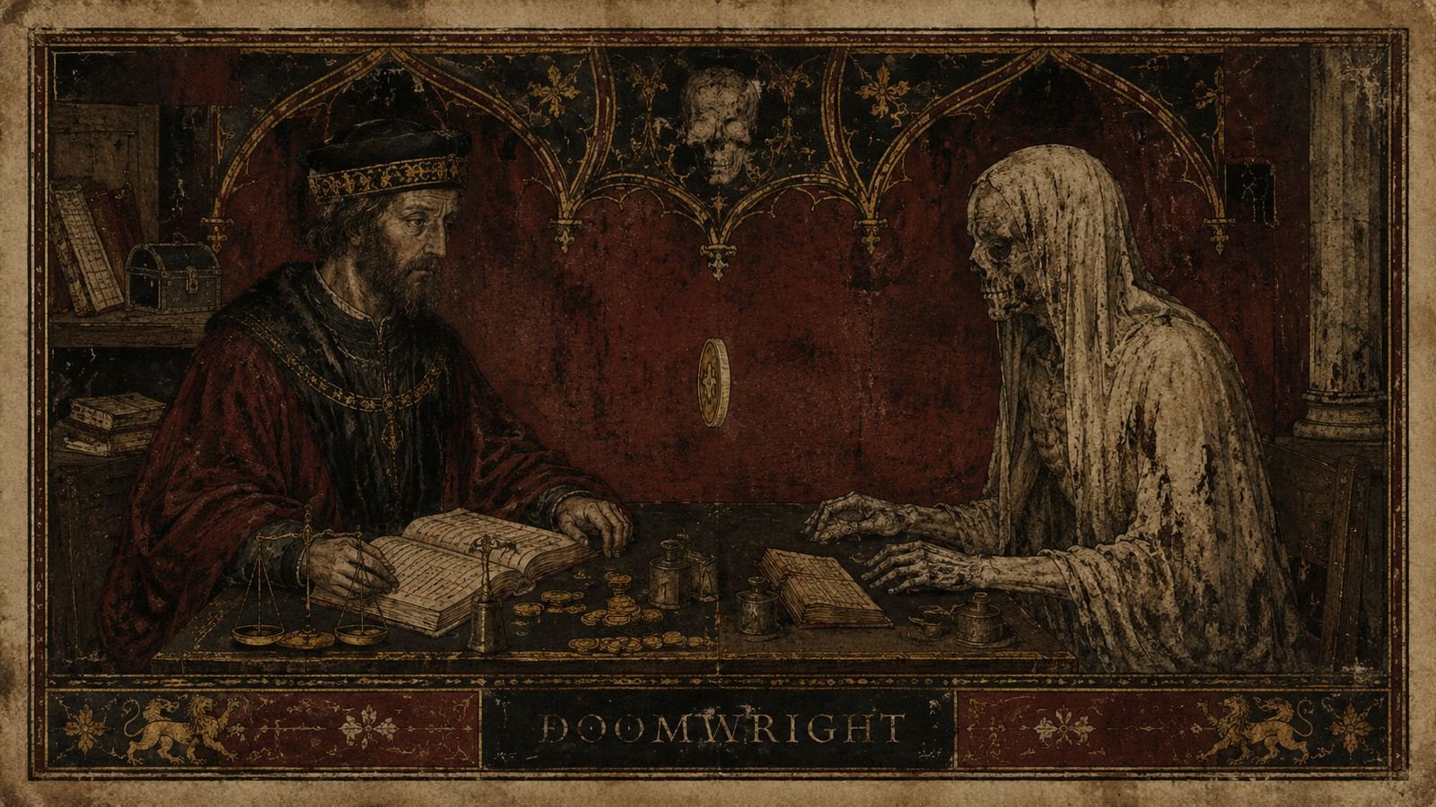 A merchant with scales, ledger and coins facing a shrouded Death across a counting table