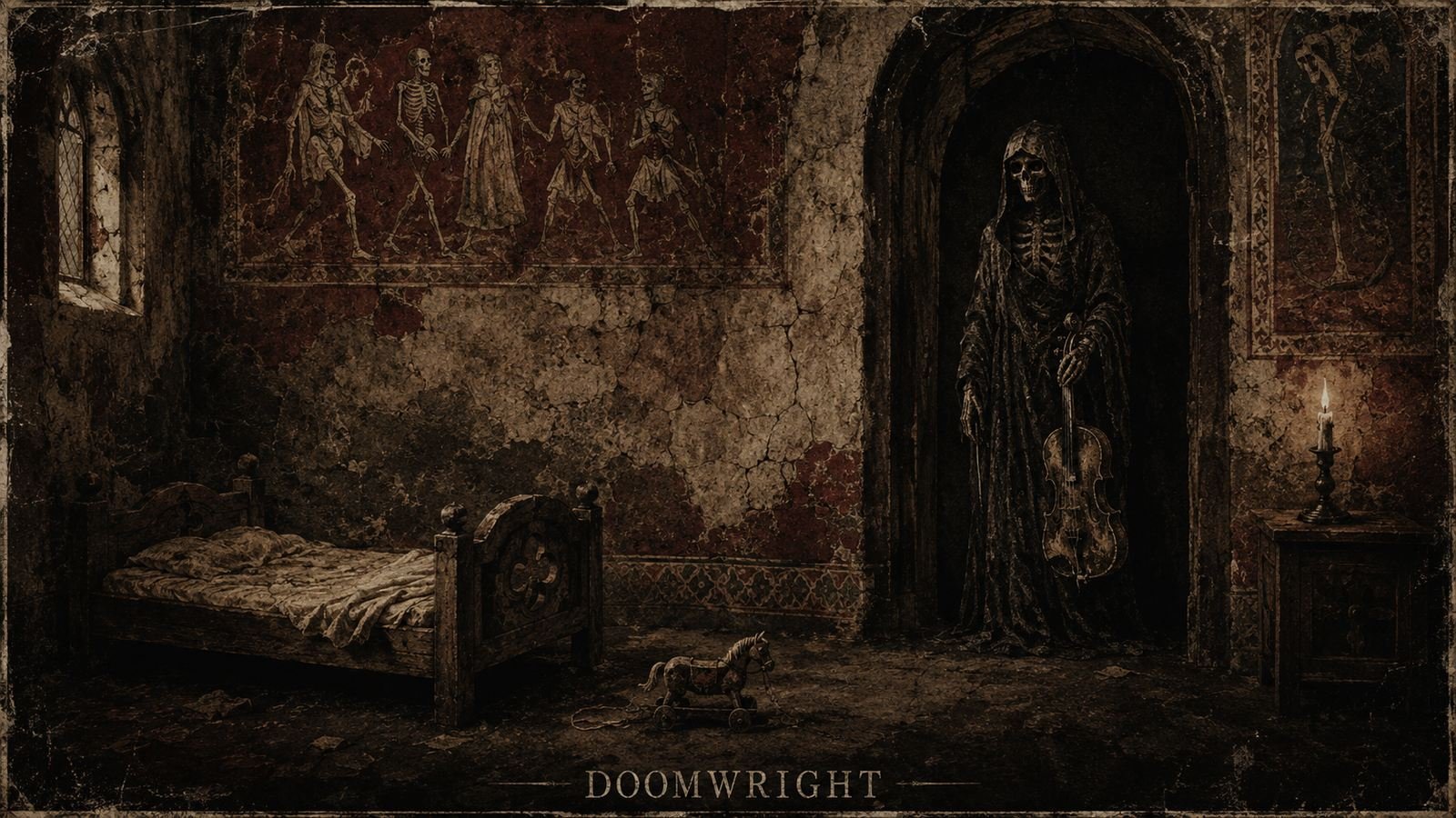 A child's room with a small bed and a toy horse, Death standing in the doorway holding a violin