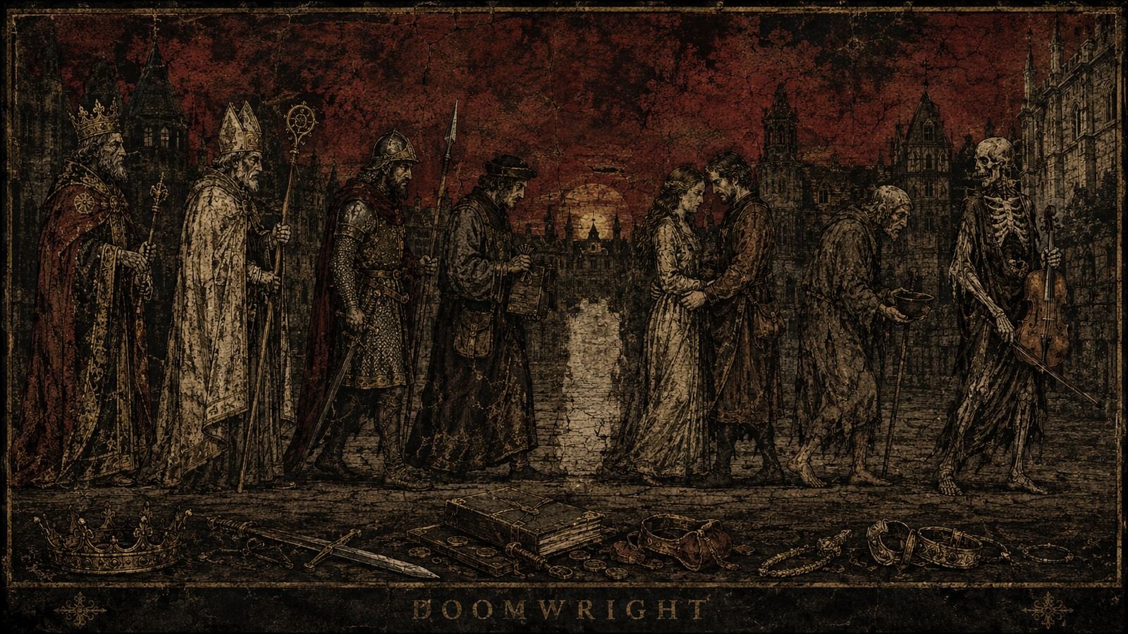 A wide Dance of Death frieze — king, bishop, soldier, merchant, lovers and beggar led by Death with a violin