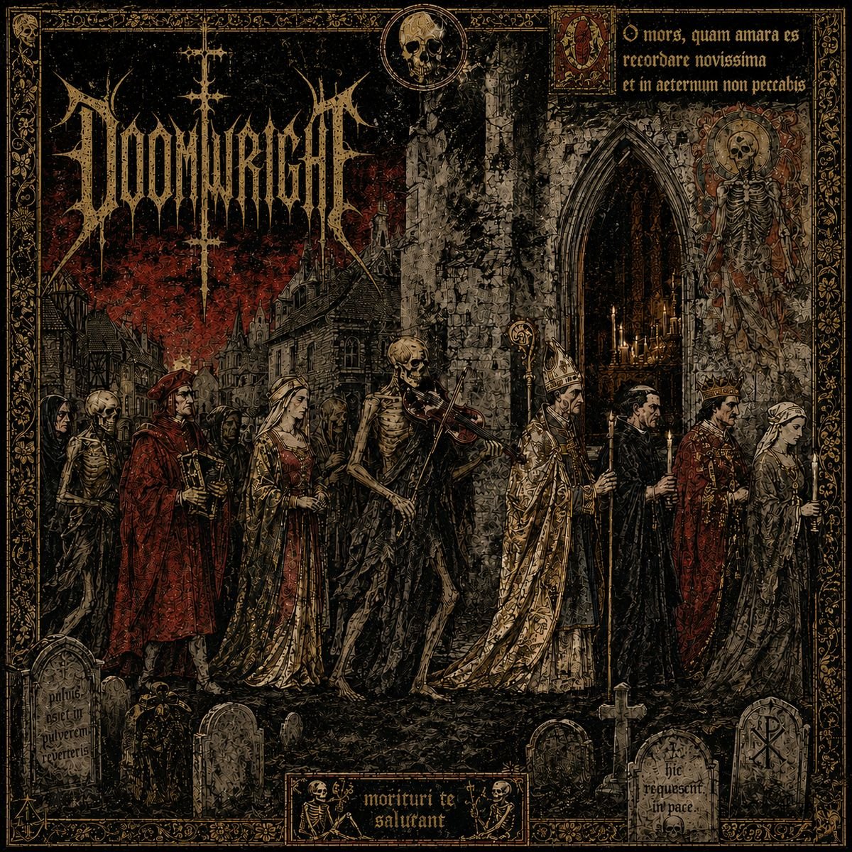 THE LAST PROCESSION — album cover, a medieval Dance of Death led by Death playing a violin