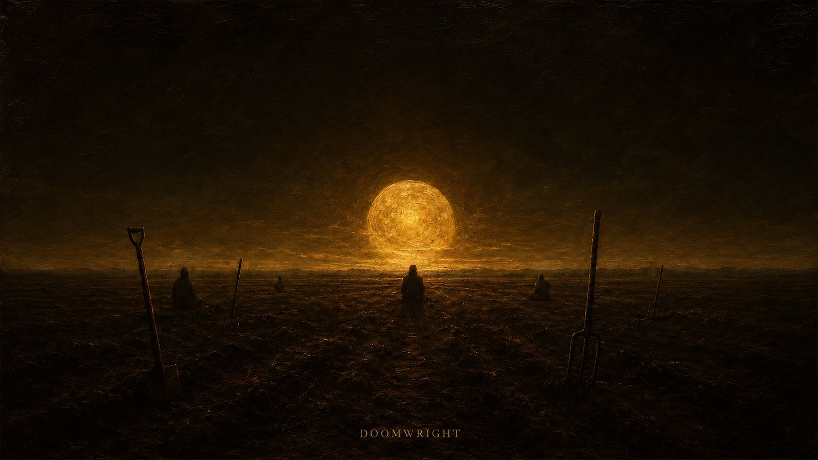 A dark plowed field at dusk, seated figures facing the setting sun, an abandoned spade and pitchfork in the earth
