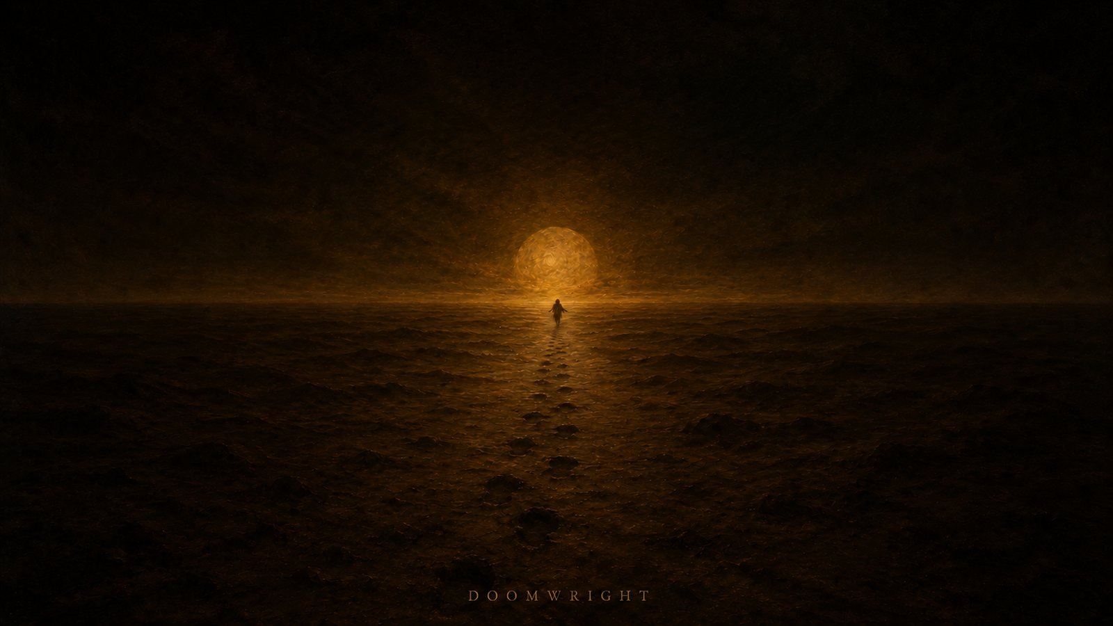 A lone tiny figure walking across a vast dark plain toward the setting sun, footprints trailing behind