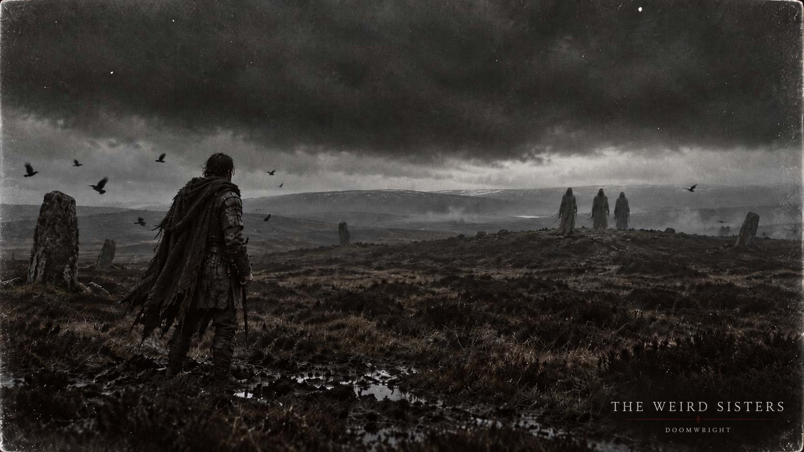 Title card — three shrouded figures standing on a black heath before a returning soldier, captioned 'I · The Weird Sisters'