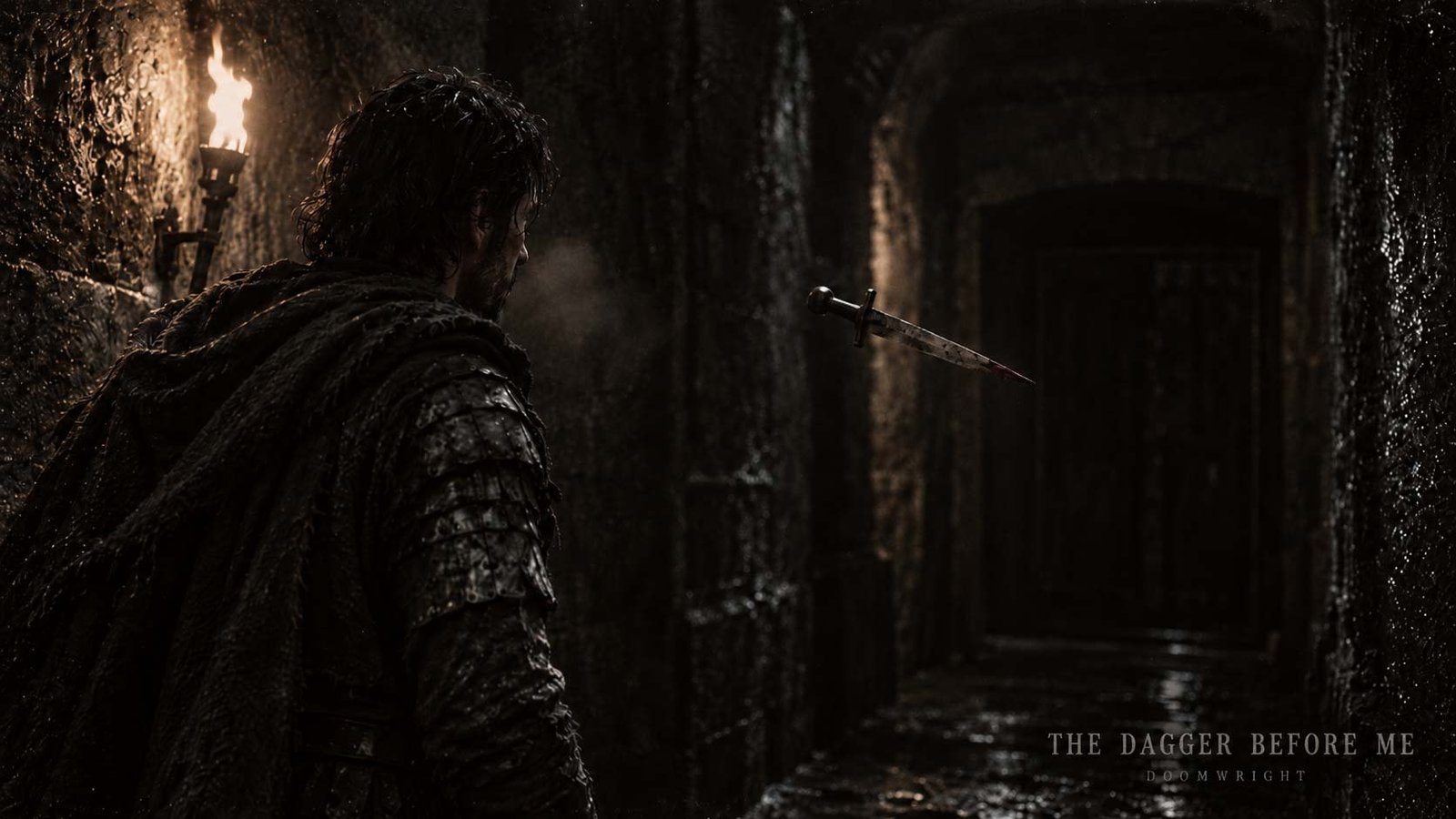 Title card — a floating dagger of light pointing toward a dark doorway, a reaching hand closing on nothing, captioned 'III · The Dagger Before Me'