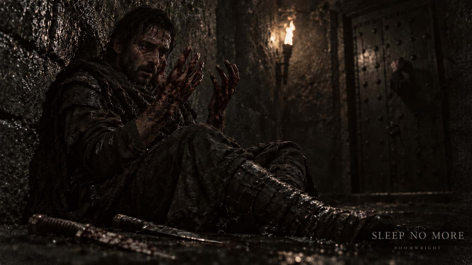 Title card — a figure with bloodied hands frozen on a stair as a voice moves through the dark house, captioned 'IV · Sleep No More'