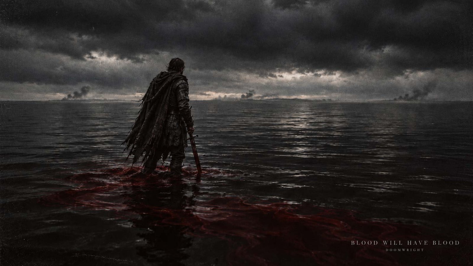 Title card — a crowned figure standing mid-river of blood, no bank behind him, captioned 'V · Blood Will Have Blood'