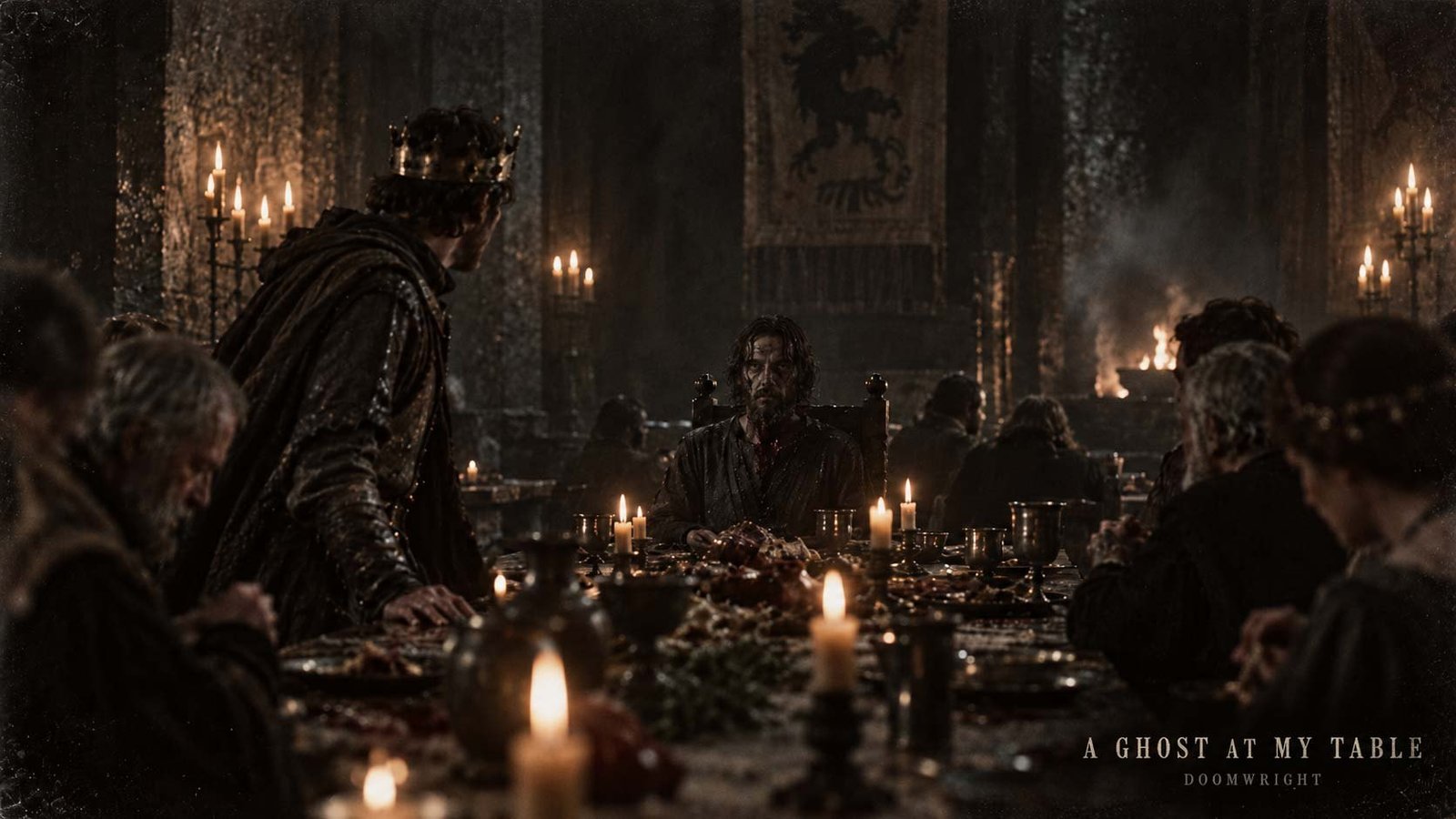 Title card — a bloodied ghost seated in the king's own chair at a banquet, the court staring at an empty stool, captioned 'VI · A Ghost At My Table'