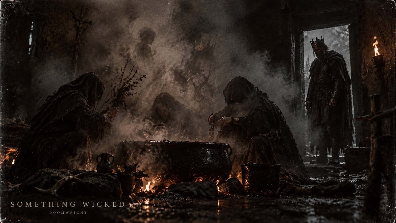 Title card — armed head, bloody child and crowned child rising from a cauldron before a kneeling king, captioned 'VII · Something Wicked'
