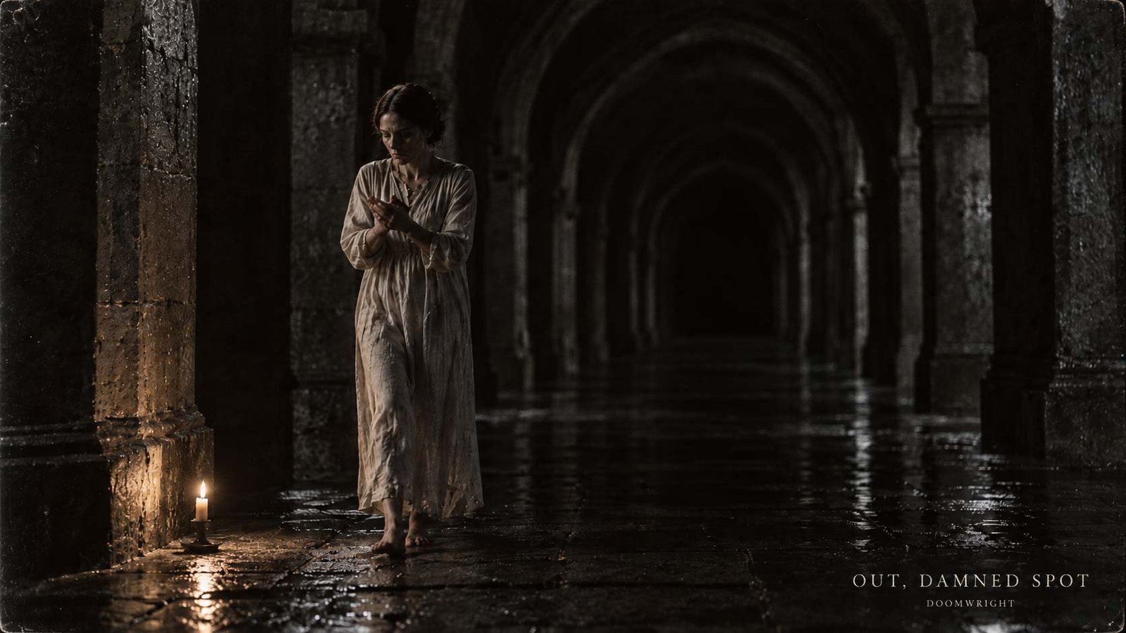 Title card — Lady Macbeth sleepwalking with a candle, scrubbing at a hand that will not come clean, captioned 'VIII · Out, Damned Spot'