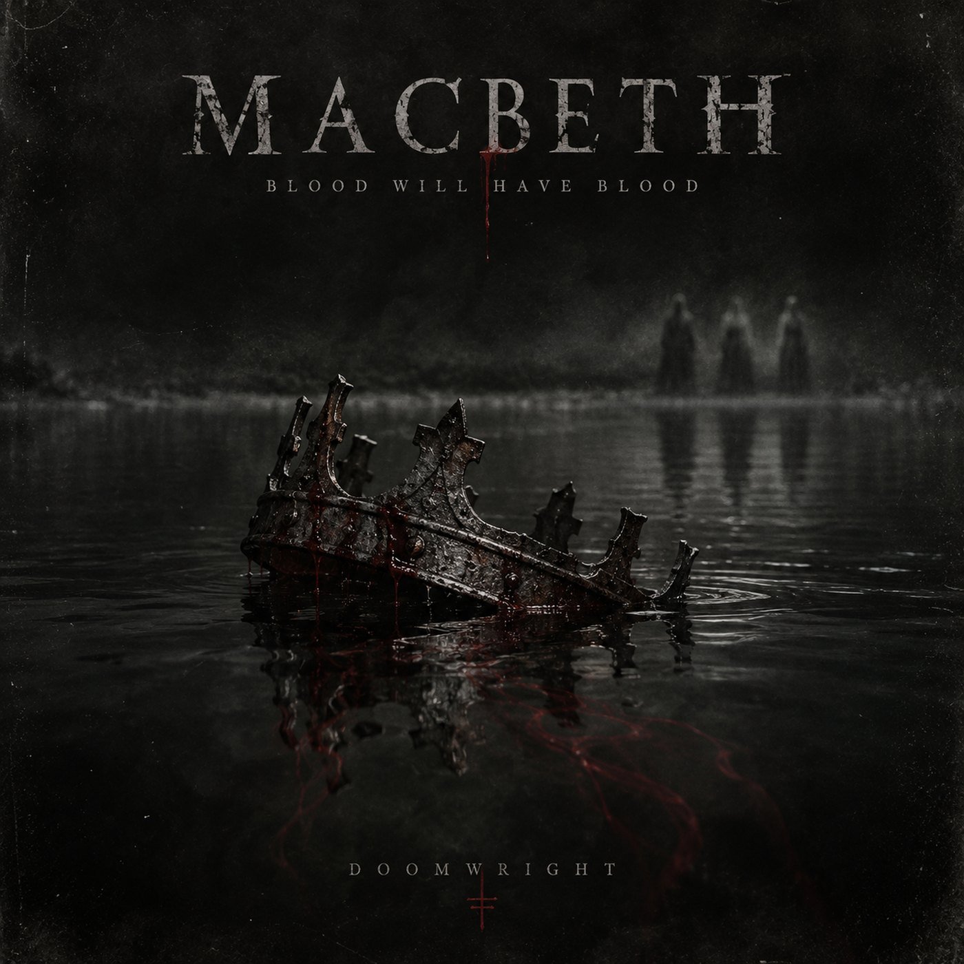 MACBETH — BLOOD WILL HAVE BLOOD — album cover, a blood-streaked iron crown half-sunk in black water, three shrouded figures standing in the mist beyond