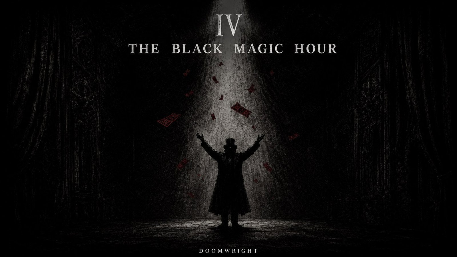 Title card — A magician on a stage with red banknotes falling through a shaft of light, captioned 'IV · The Black Magic Hour'