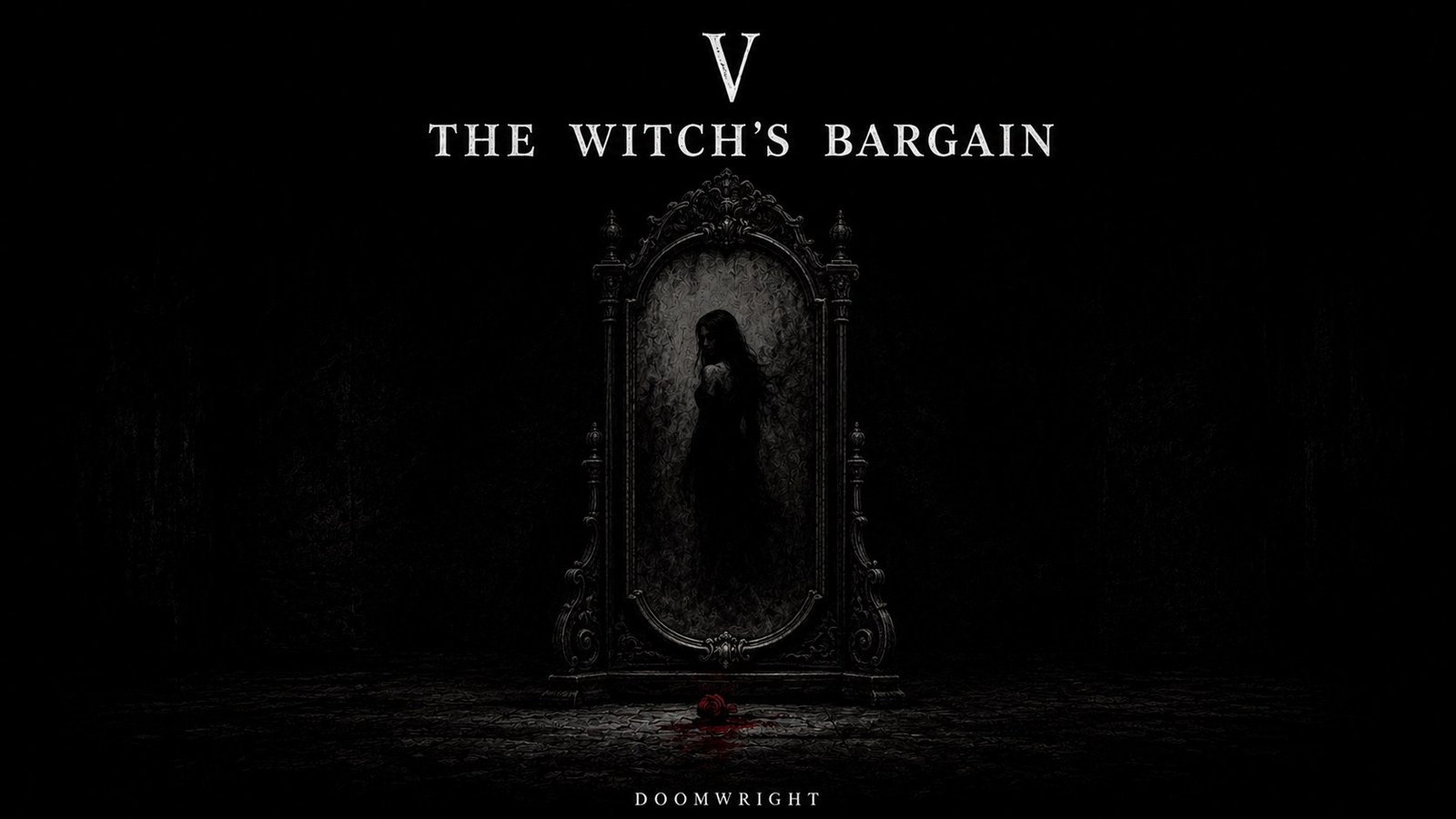 Title card — A woman's silhouette inside an ornate dark mirror, a rose below, captioned 'V · The Witch's Bargain'