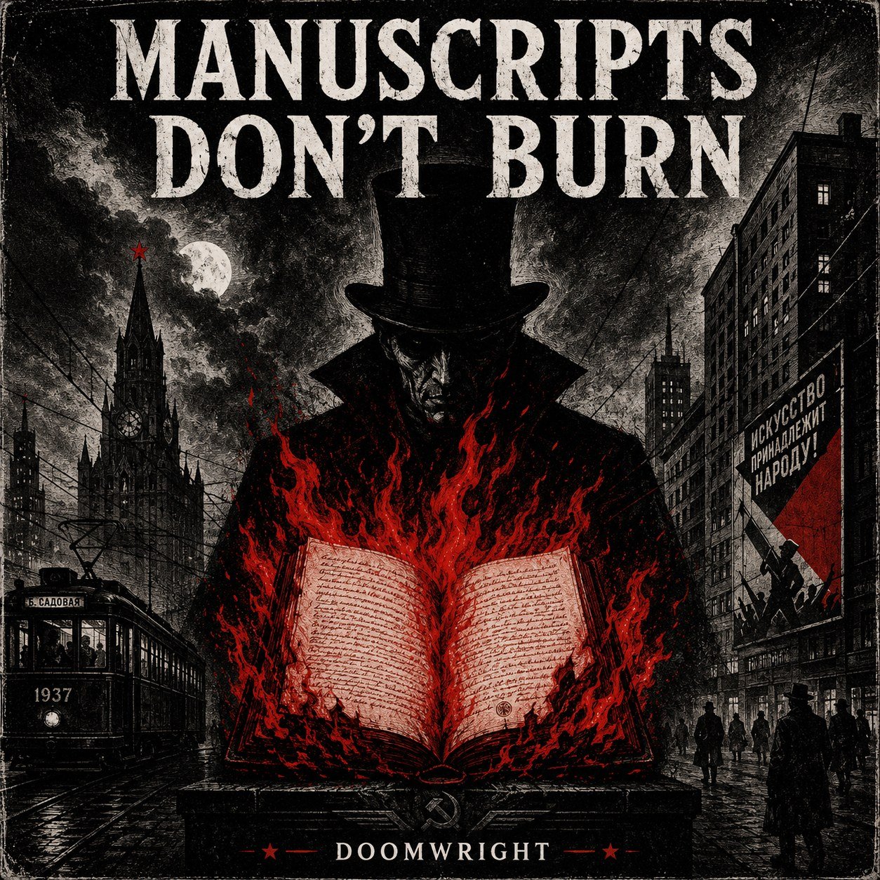 MANUSCRIPTS DON'T BURN — album cover, a top-hatted devil looming over a burning open manuscript in 1937 Moscow, a tram and a Soviet propaganda banner behind, in red and grey