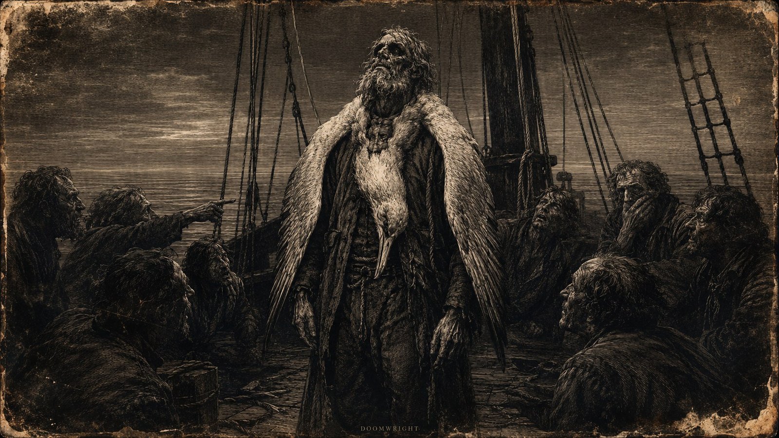 The mariner on deck with the dead albatross hung round his neck, the crew recoiling and pointing, as a drowned Doré engraving