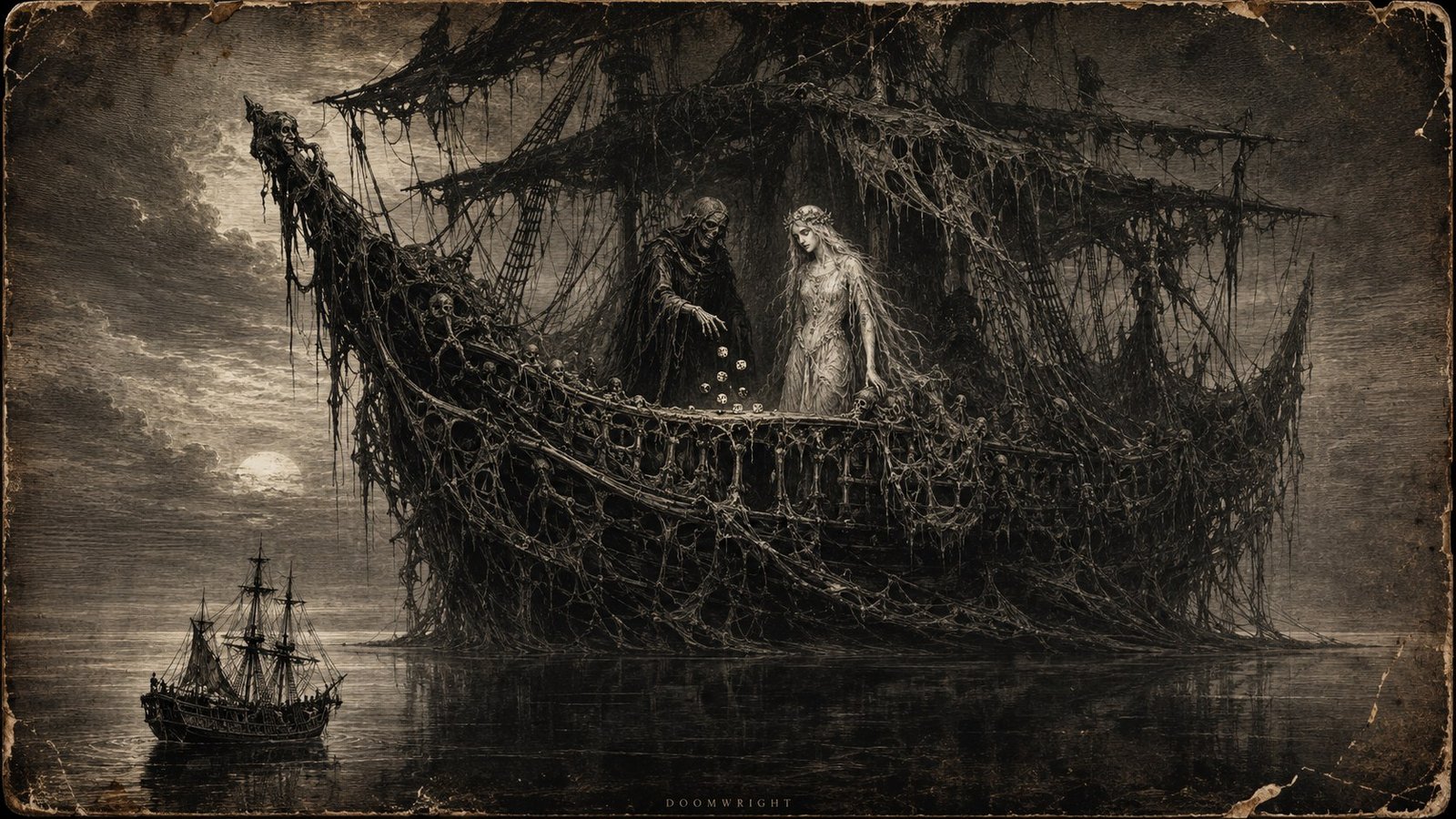 A skeletal Death and a pale woman dicing on the deck of a vast spectral ship, a small ship below on a still moonlit sea, as a salt-stained engraving