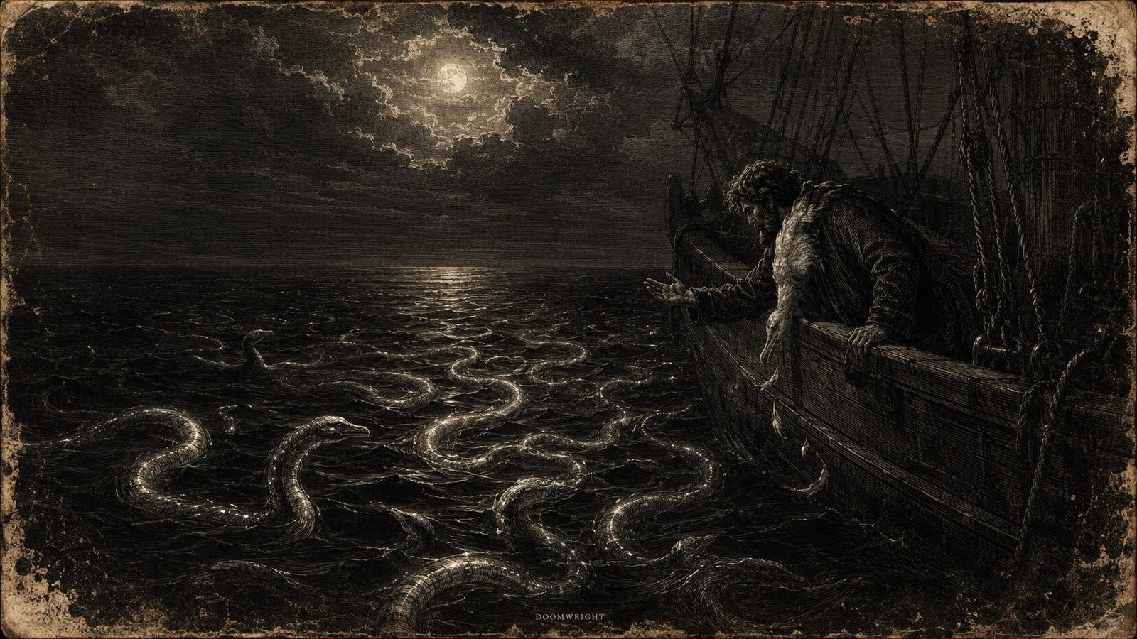 The mariner leaning from the ship's rail toward glowing water-snakes coiling in a moonlit sea, as a sea-corroded engraving
