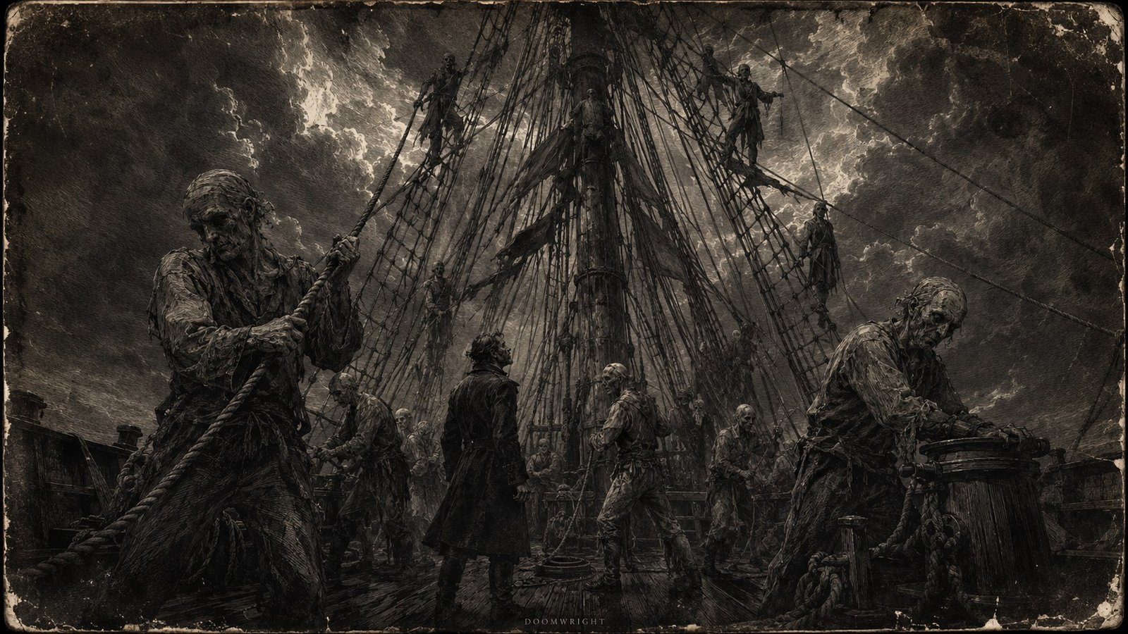 The dead crew risen and working the ropes and rigging of the ship under a storm-lit sky, the mariner standing among them, as a drowned engraving
