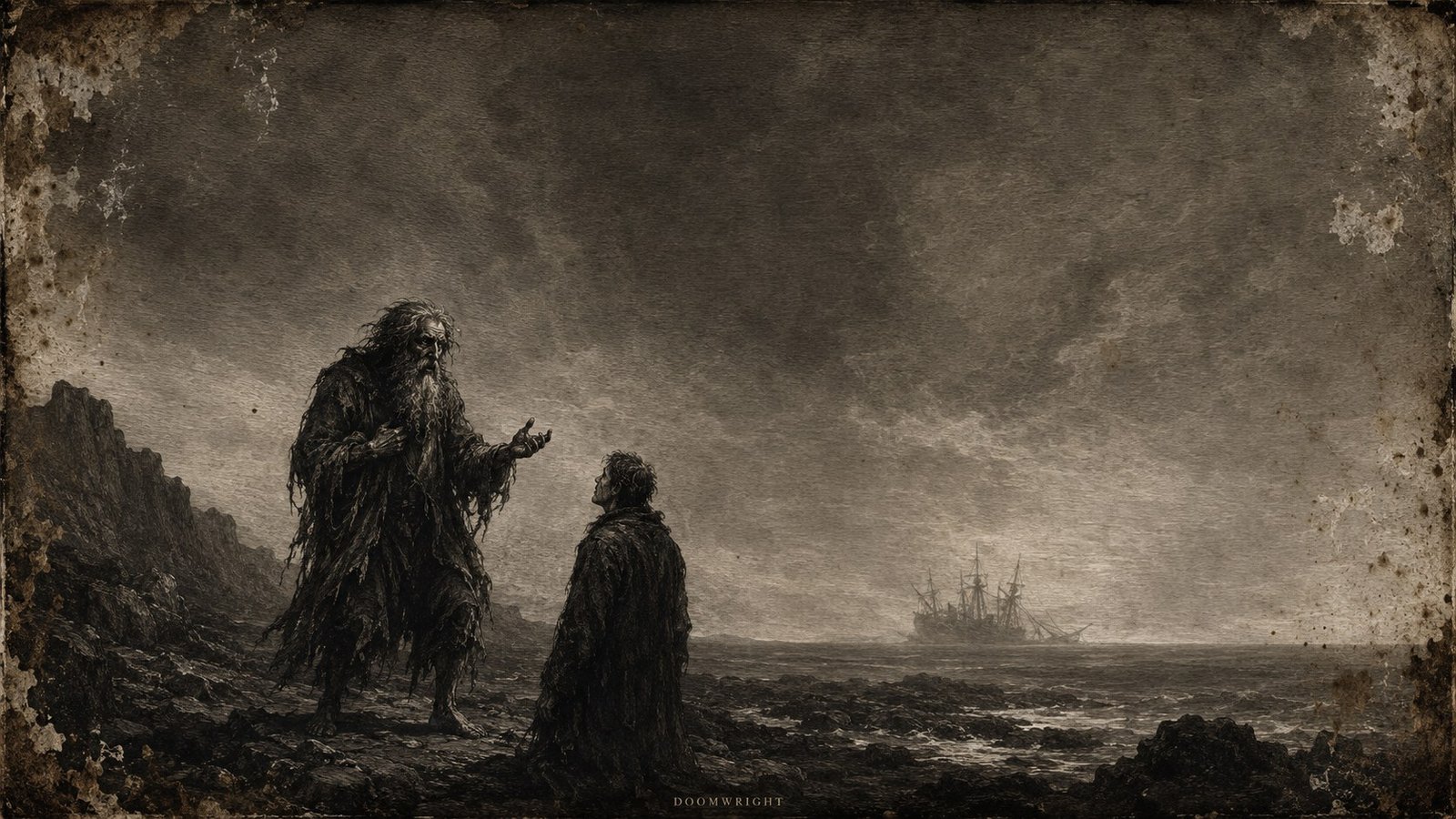 The ragged mariner on a rocky shore compelling a listener to hear him, a distant ship on the pale horizon, as a salt-damaged Doré engraving