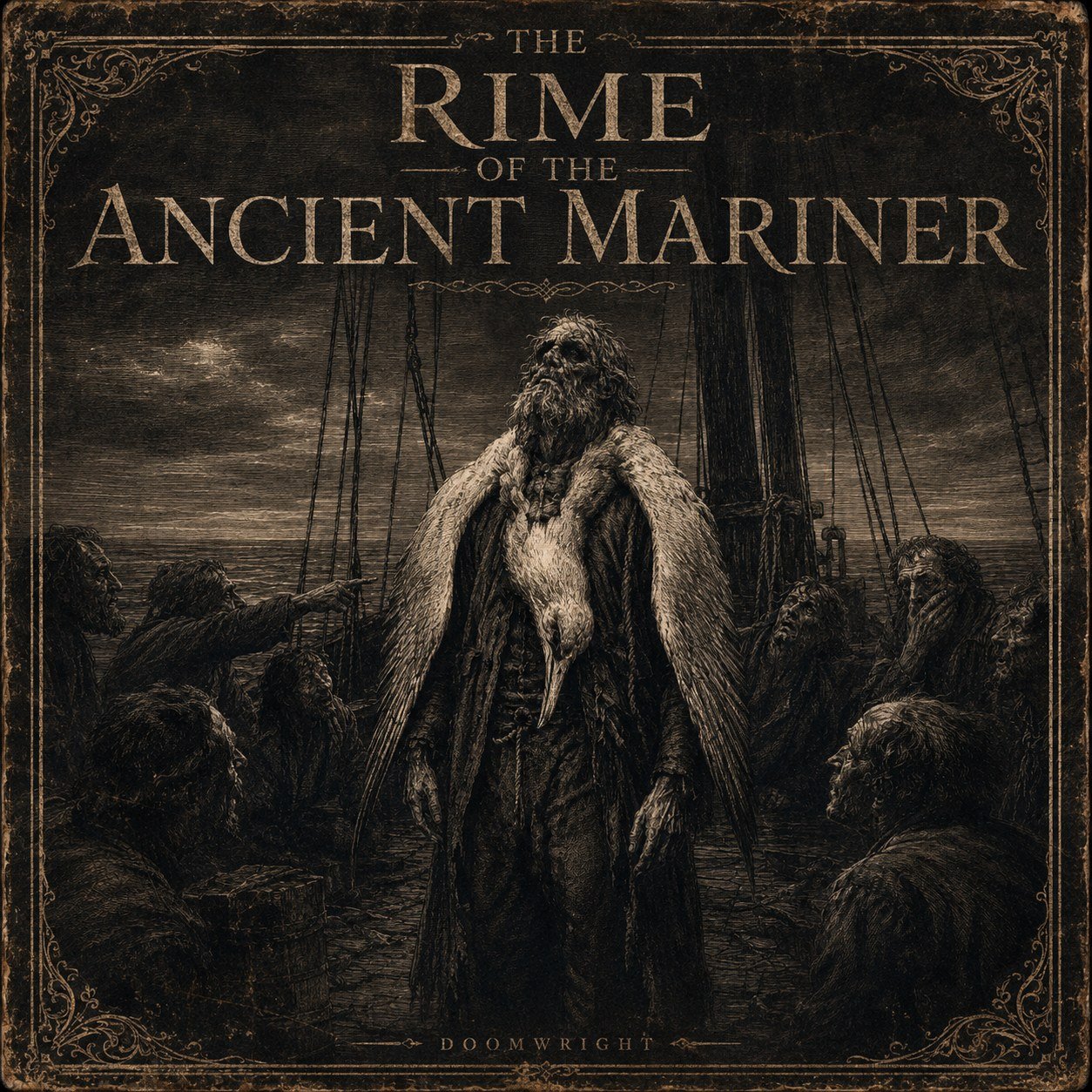 THE RIME OF THE ANCIENT MARINER — album cover, the mariner on deck with the dead albatross hung round his neck, the crew recoiling, rendered as a sea-corroded Doré engraving