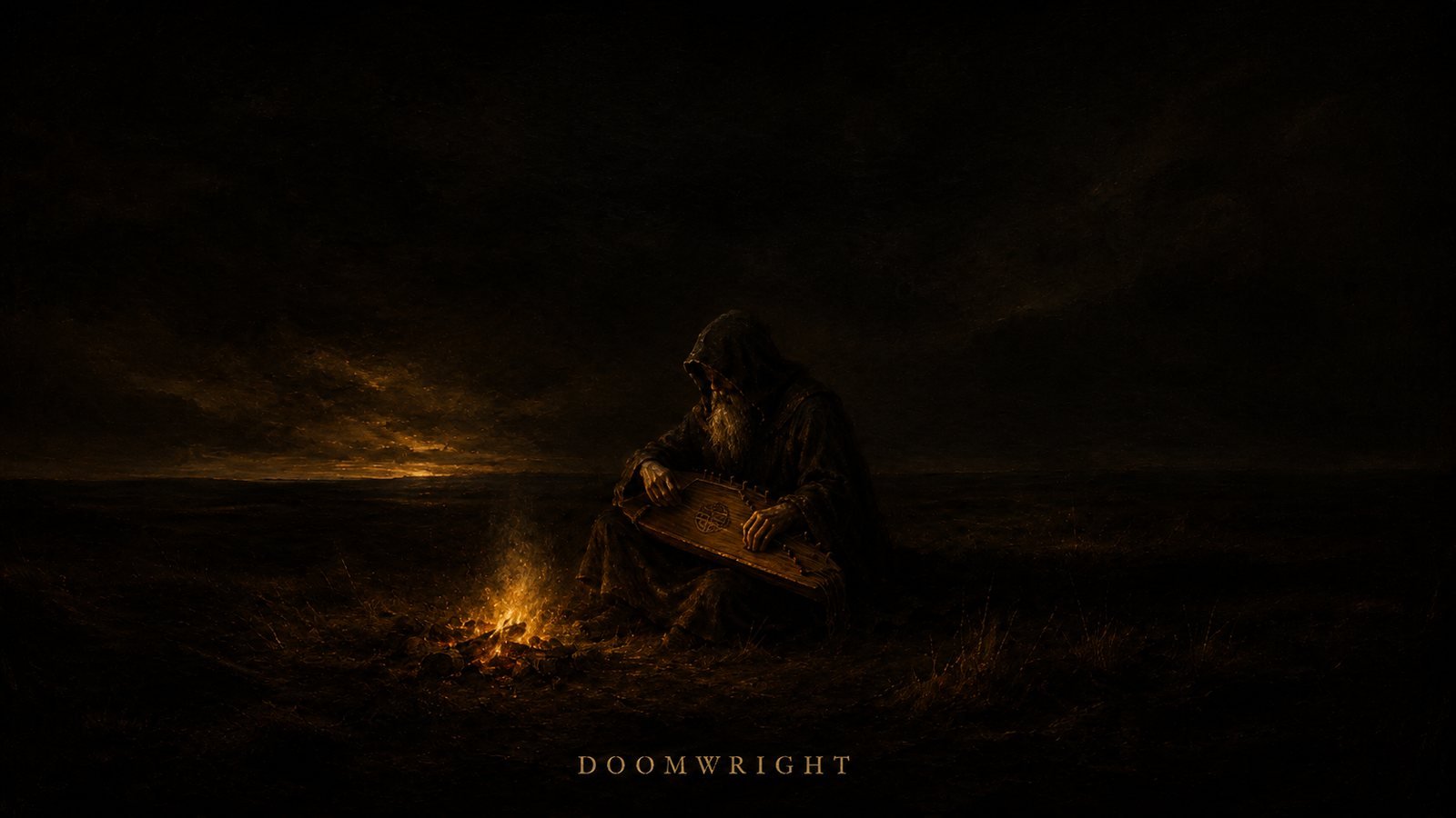 An old bard in a hooded cloak playing a gusli beside a small fire on the dark steppe